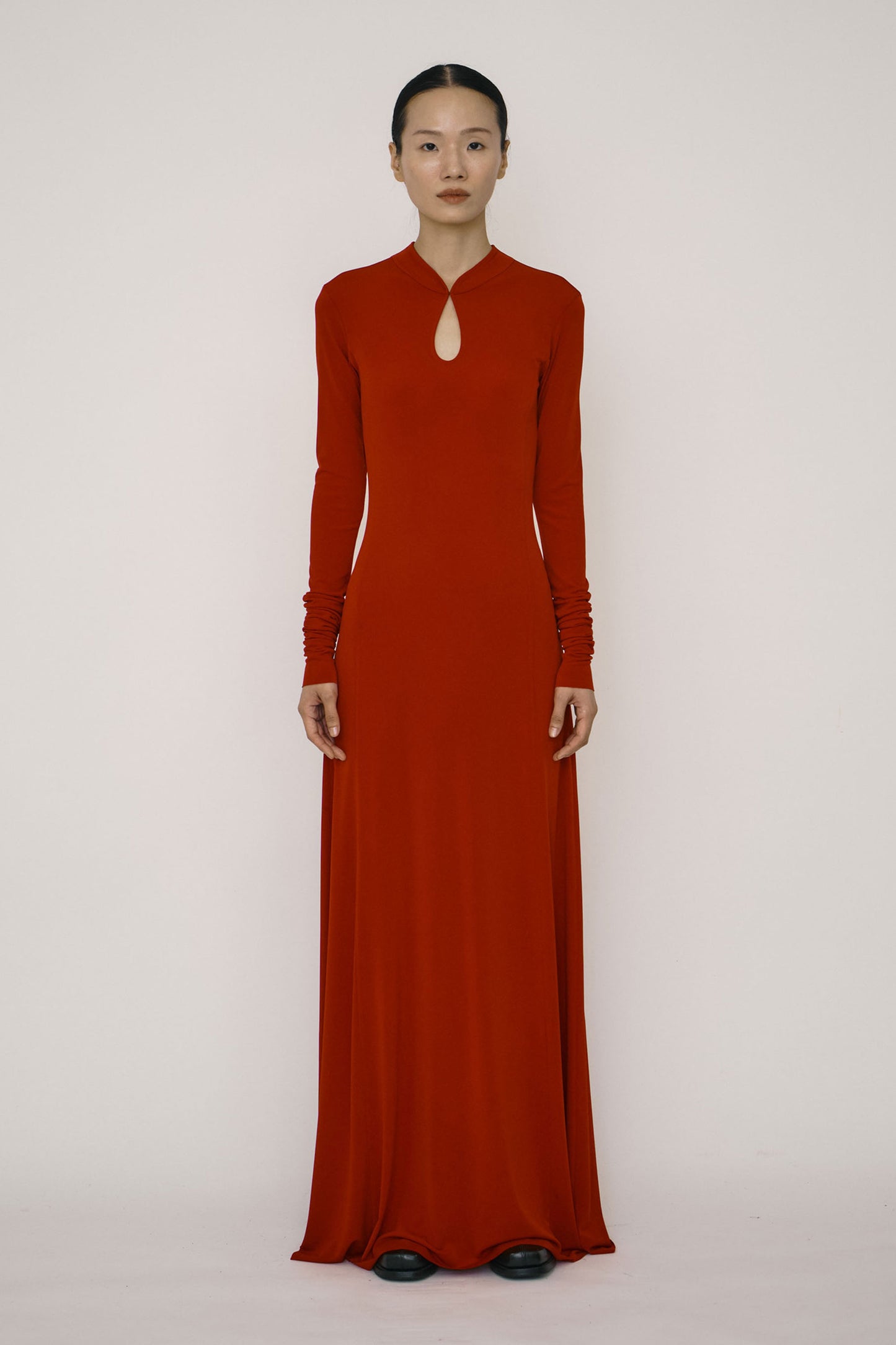 Red Skinny Long-Sleeve Mandarin Collar Flared Maxi Dress-arc us arkus-APOC STORE