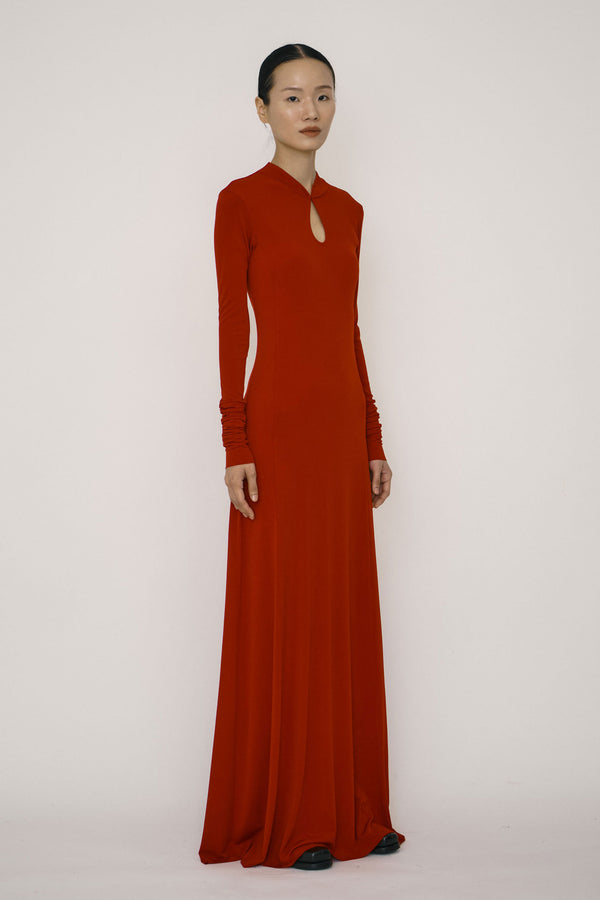 Red Skinny Long-Sleeve Mandarin Collar Flared Maxi Dress-arc us arkus-APOC STORE