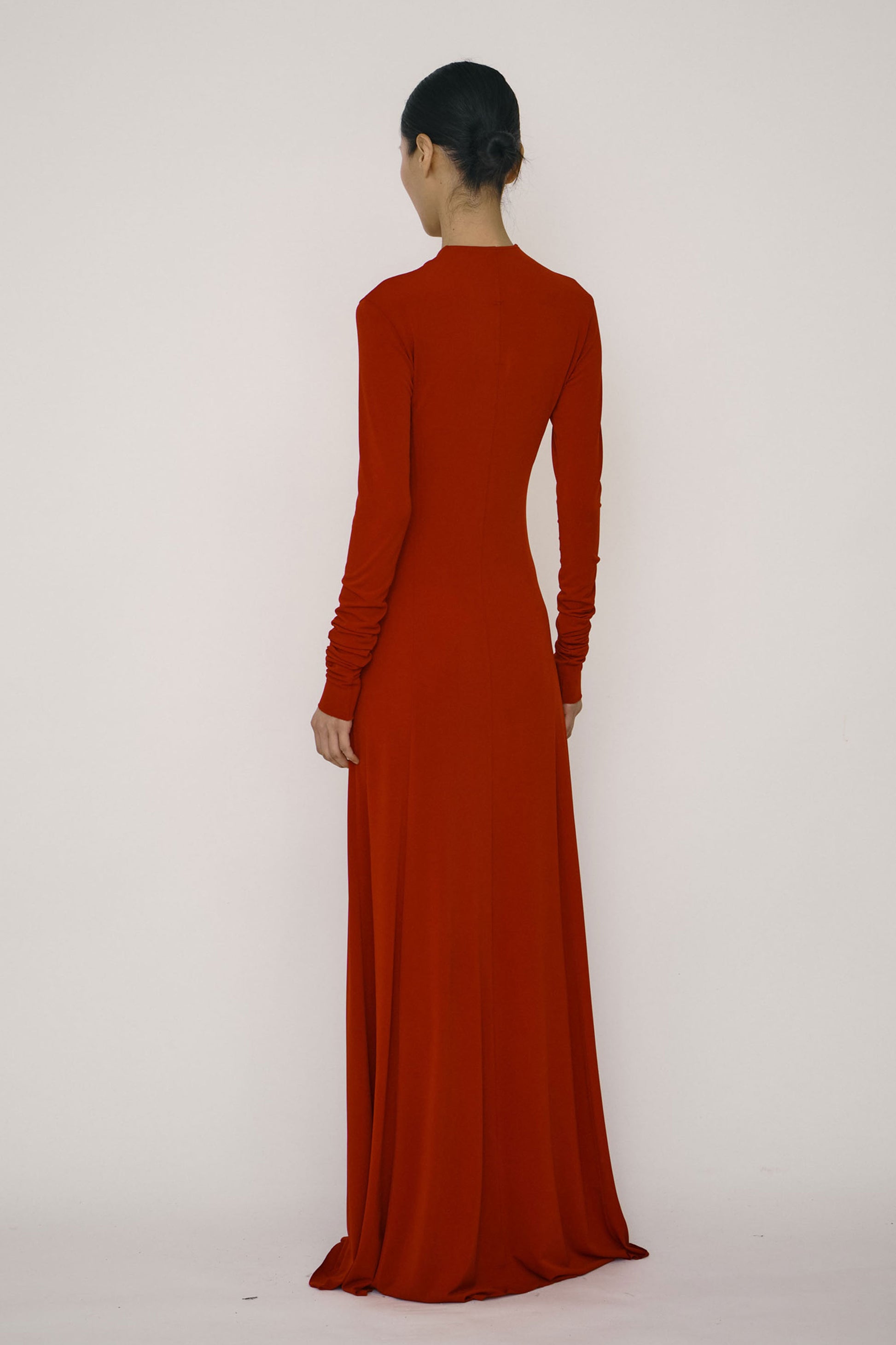 Red Skinny Long-Sleeve Mandarin Collar Flared Maxi Dress-arc us arkus-APOC STORE