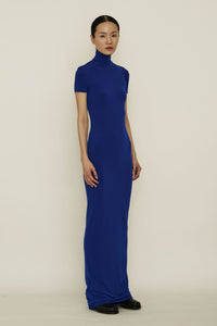 Blue Skinny High Neck Short-Sleeve Maxi Dress-arc us arkus-APOC STORE