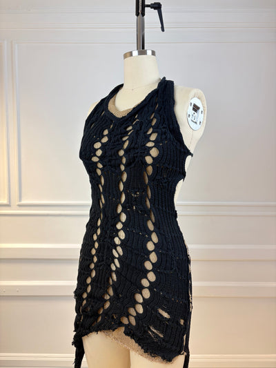 Black and Gold Mesh Knit Dress-SANIA PARVEZ-APOC STORE