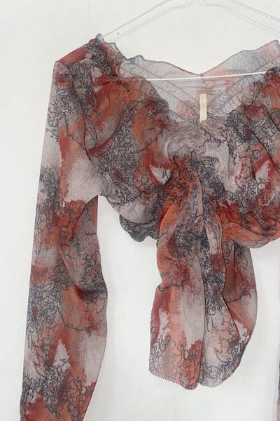 SHEER SMOCKING BLOUSE (SCARLET)-Lalameemee-APOC STORE