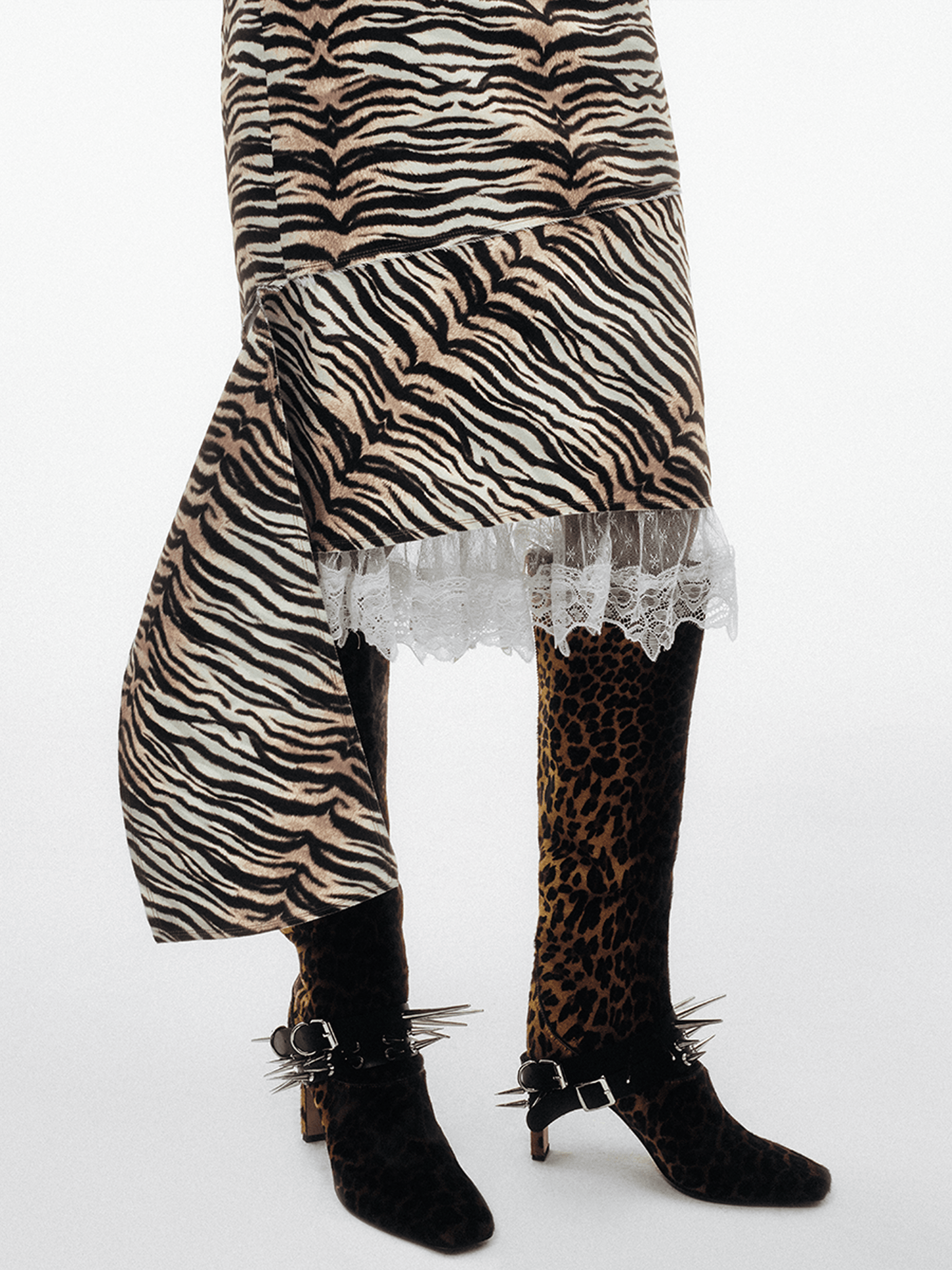 Raw-finish Tiger-print Satin Skirt with Lace Underlayer Pants-TRINITE Studio-APOC STORE
