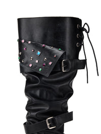 Beaded Cuff Western Boots -Black-EMPTY BEHAVIOR-APOC STORE