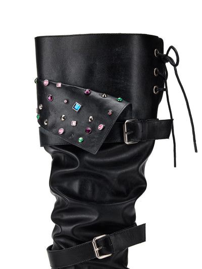 Beaded Cuff Western Boots -Black-EMPTY BEHAVIOR-APOC STORE