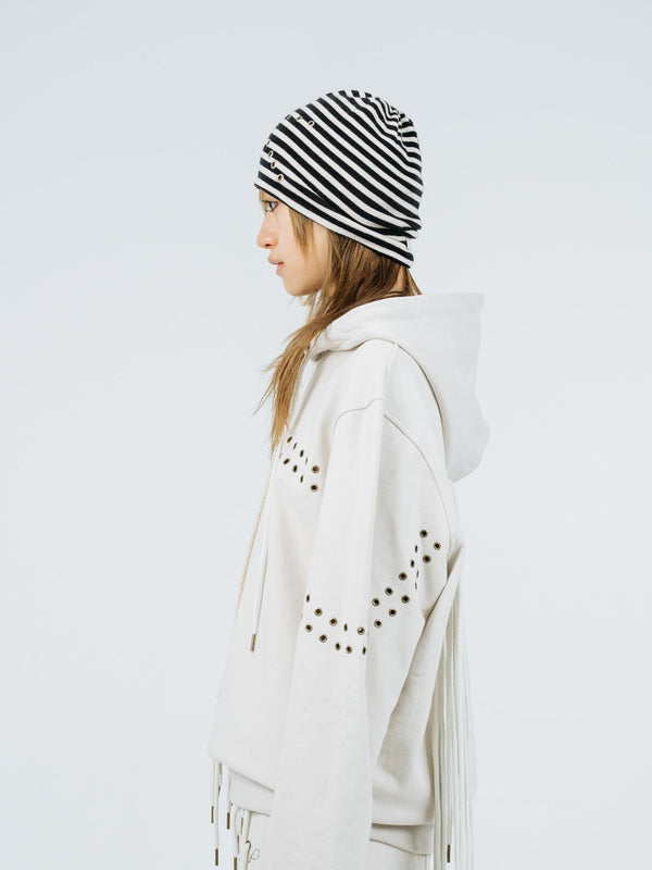 Eyelet stripe beanie black ivory-Nibgnus-APOC STORE