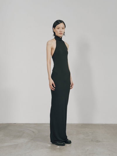 Black Skinny High Halterneck Maxi Dress-arc us arkus-APOC STORE