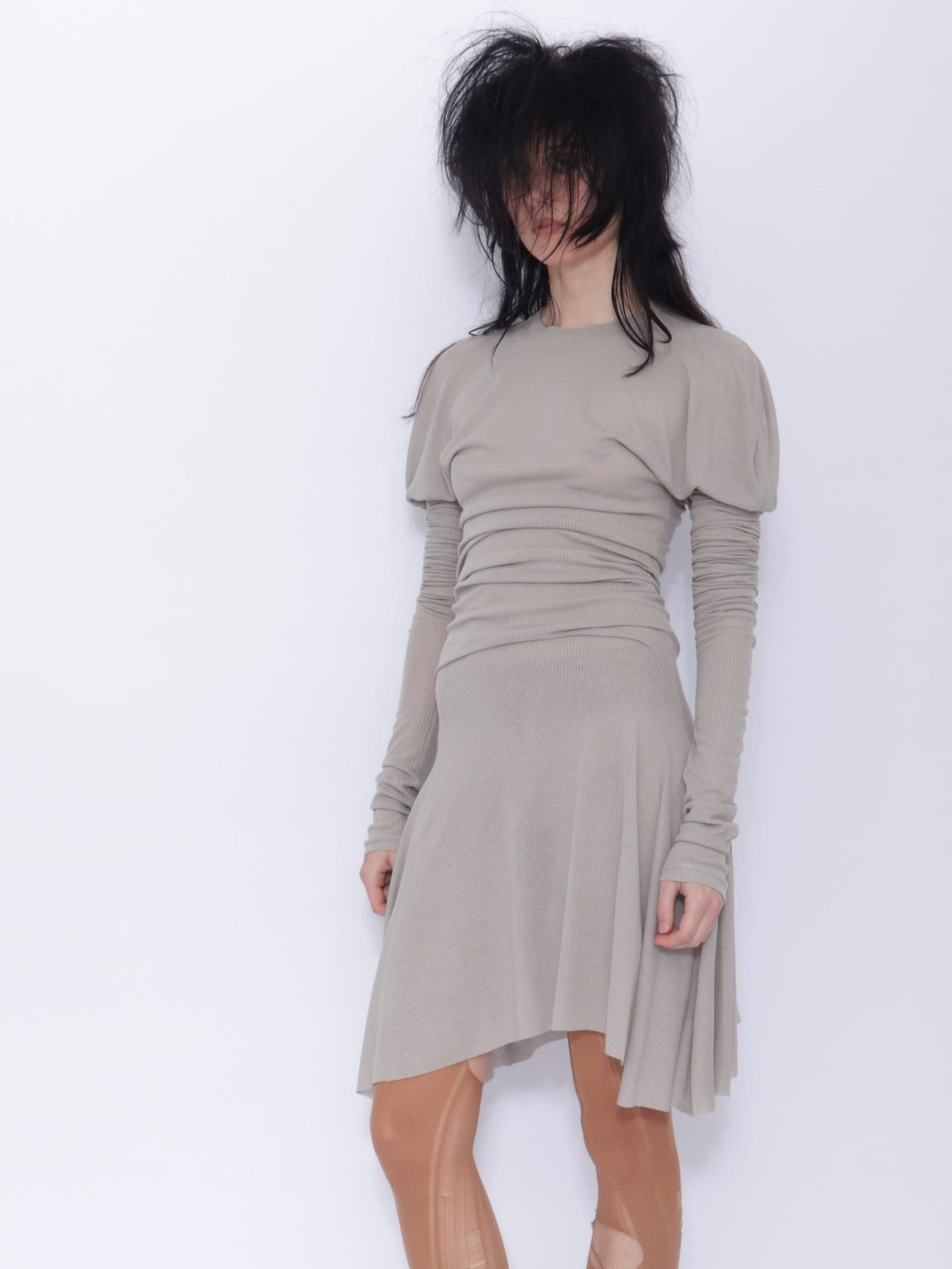 Dora Draped Long sleeve Dress: Pale Grey