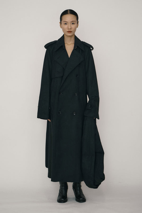 Black Faux-Suede Double-breasted Raglan Trench Coat-arc us arkus-APOC STORE