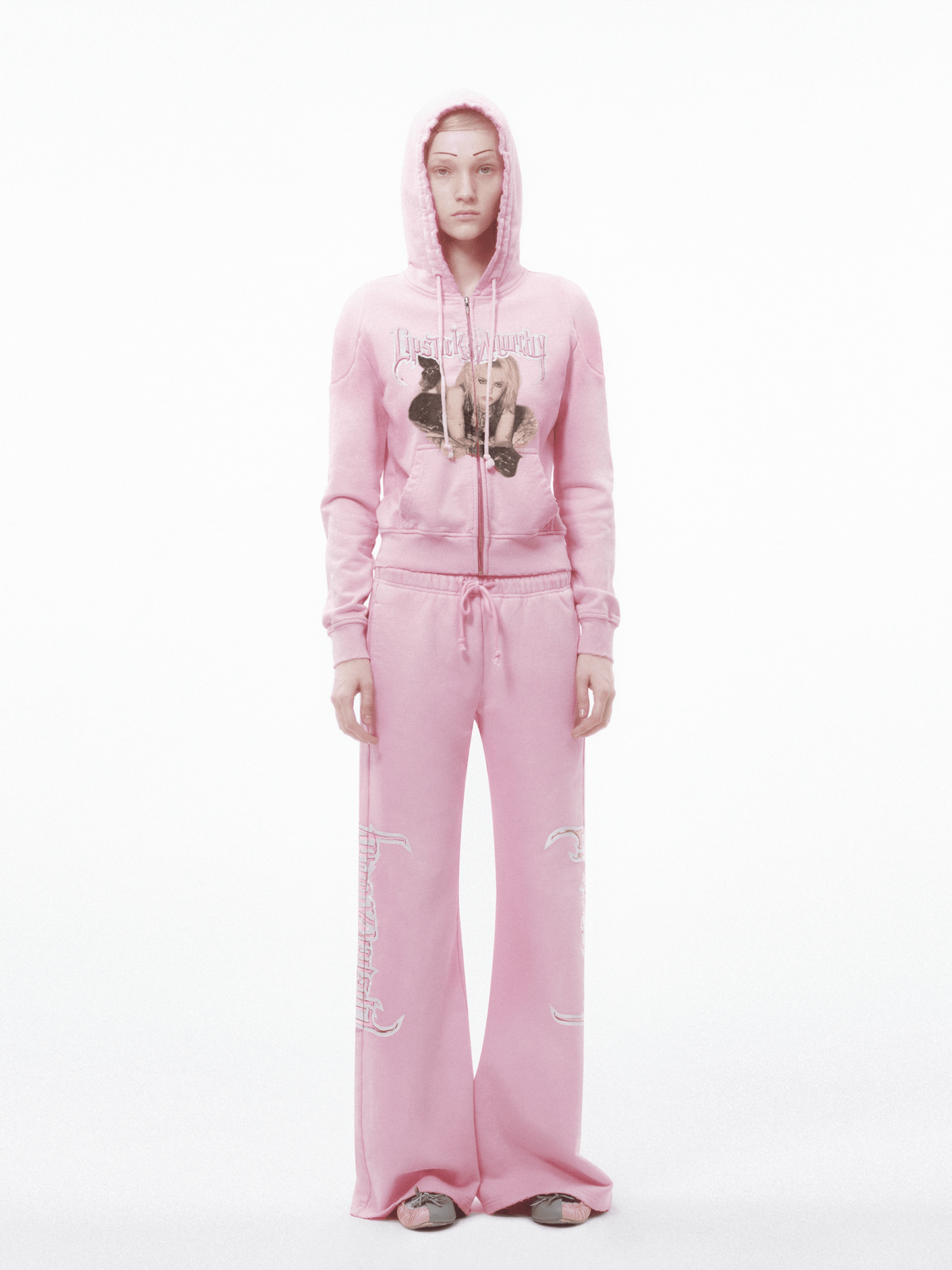 Pink Printing Decorative Zip Hoodie-TRINITE Studio-APOC STORE