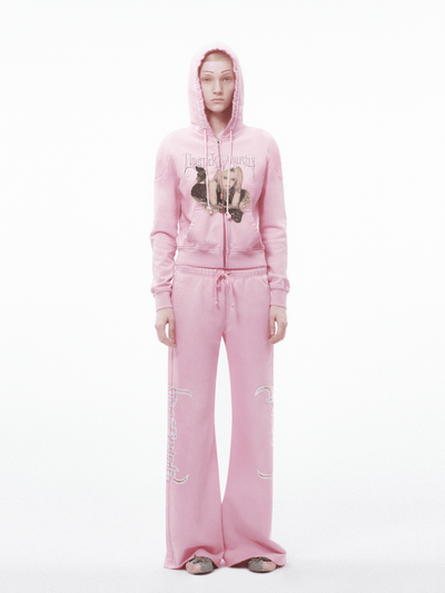 Pink Printing Decorative Zip Hoodie-TRINITE Studio-APOC STORE
