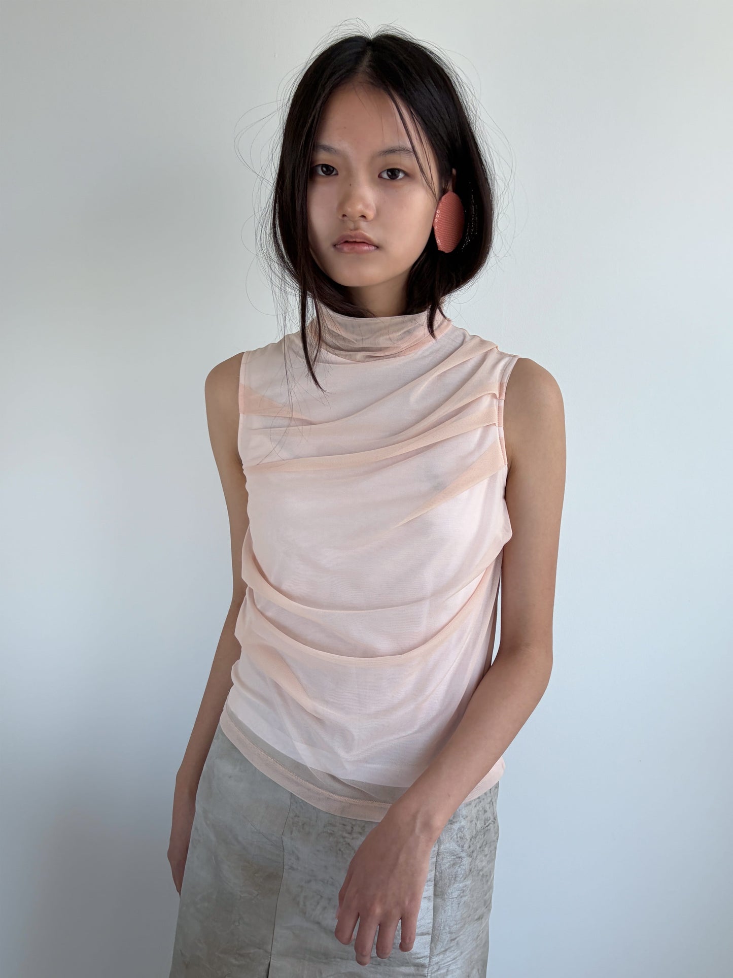 Draped Layer Top Peach-mesh blanca-APOC STORE