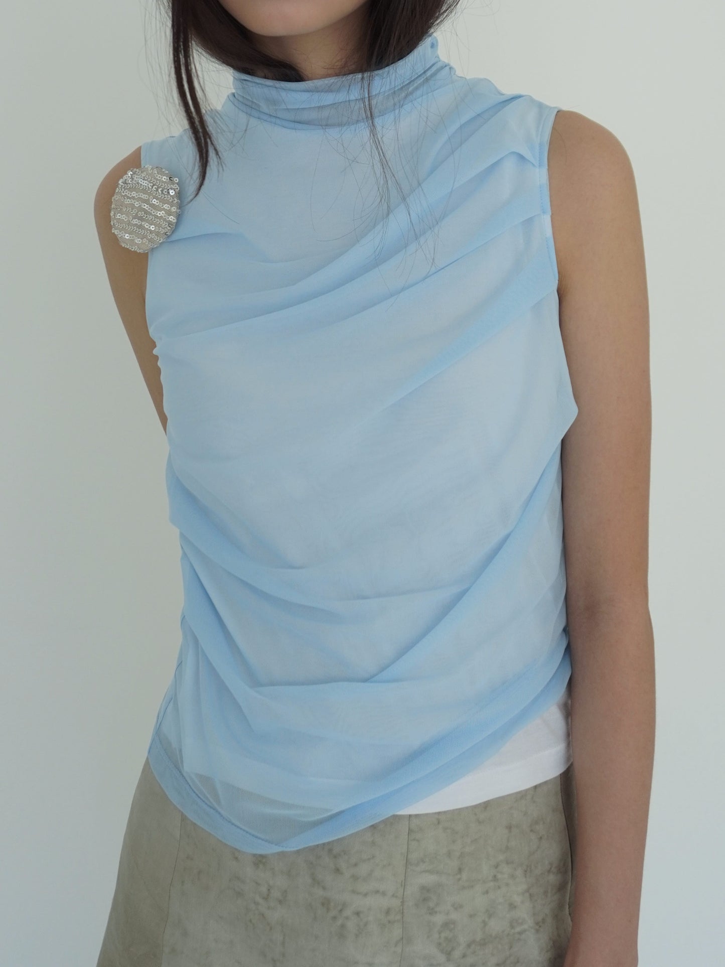 Draped Layer Top Light Blue-mesh blanca-APOC STORE