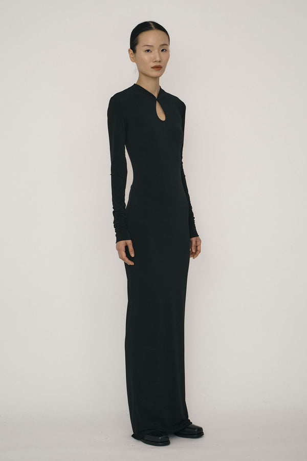 Black Skinny Long-Sleeve Mandarin Collar Maxi Dress-arc us arkus-APOC STORE