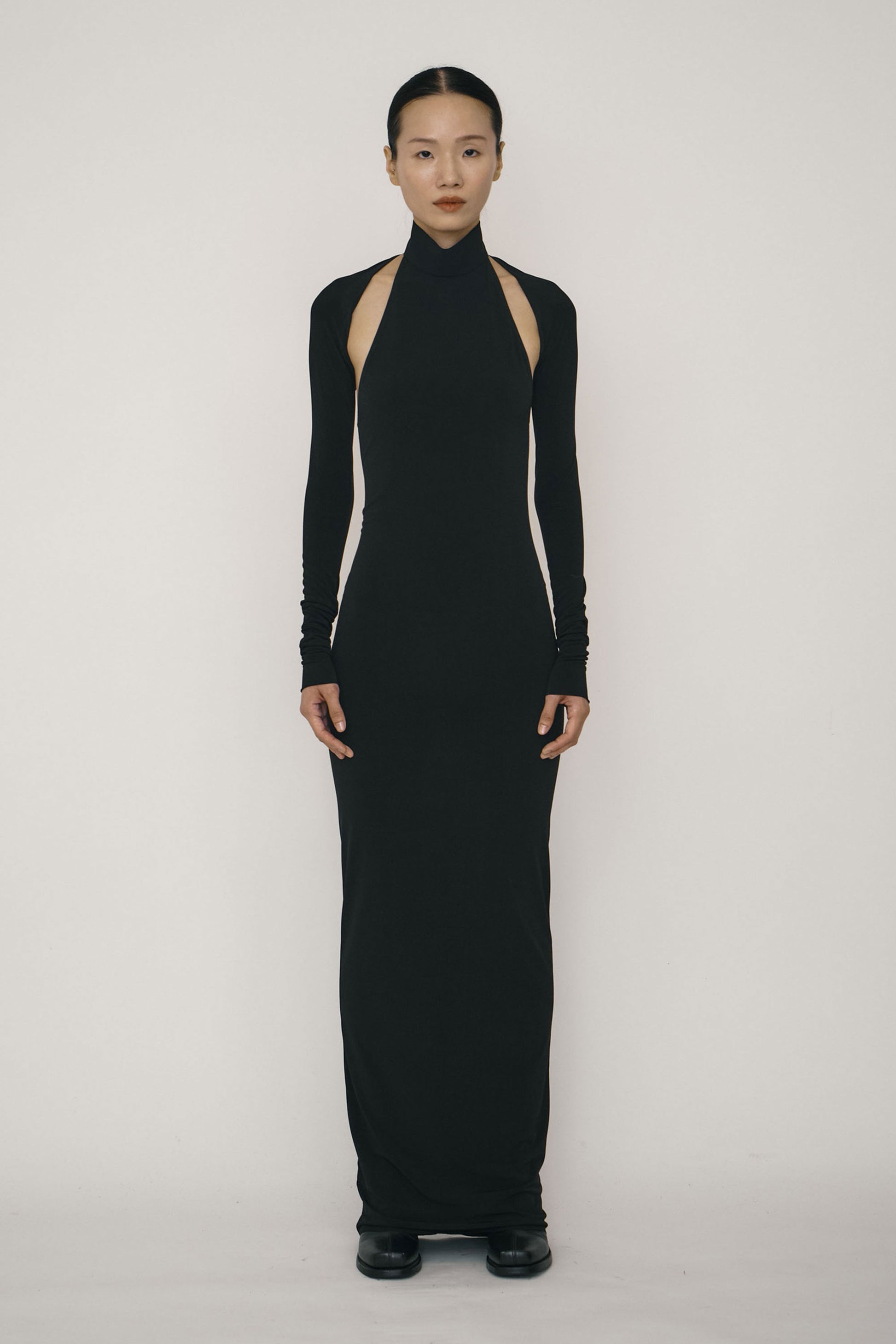 Black Skinny High Halterneck Maxi Dress-arc us arkus-APOC STORE