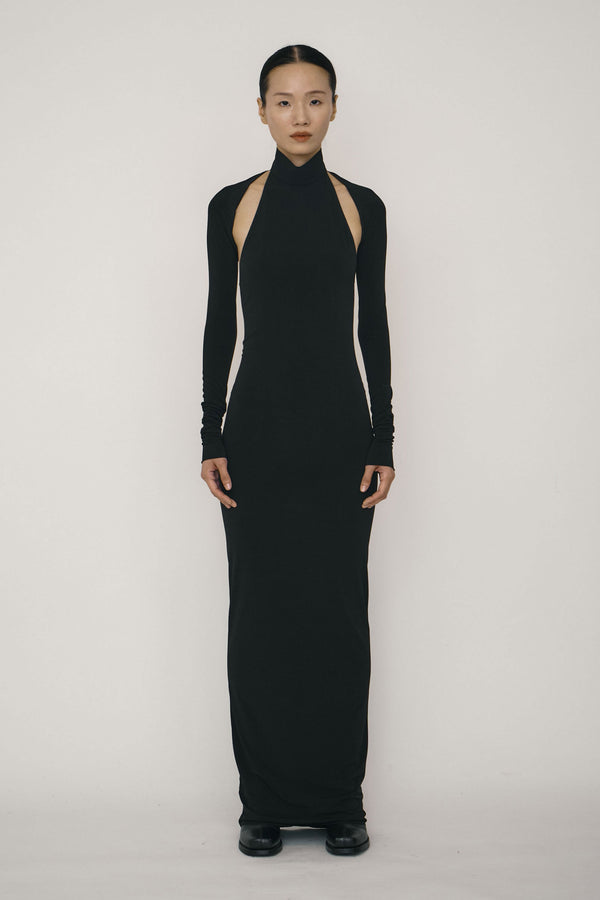 Black Skinny High Halterneck Maxi Dress-arc us arkus-APOC STORE