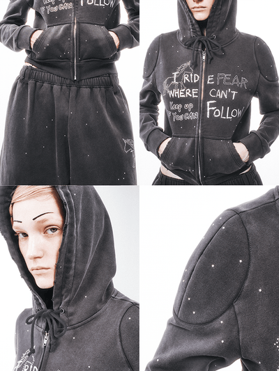 Dark Grey Metal Rivet&Printing Decorative Zip Hoodie-TRINITE Studio-APOC STORE