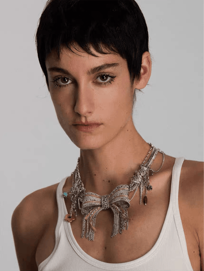 Vintage Silver Layered Chain Bow Choker-TRINITE Studio-APOC STORE
