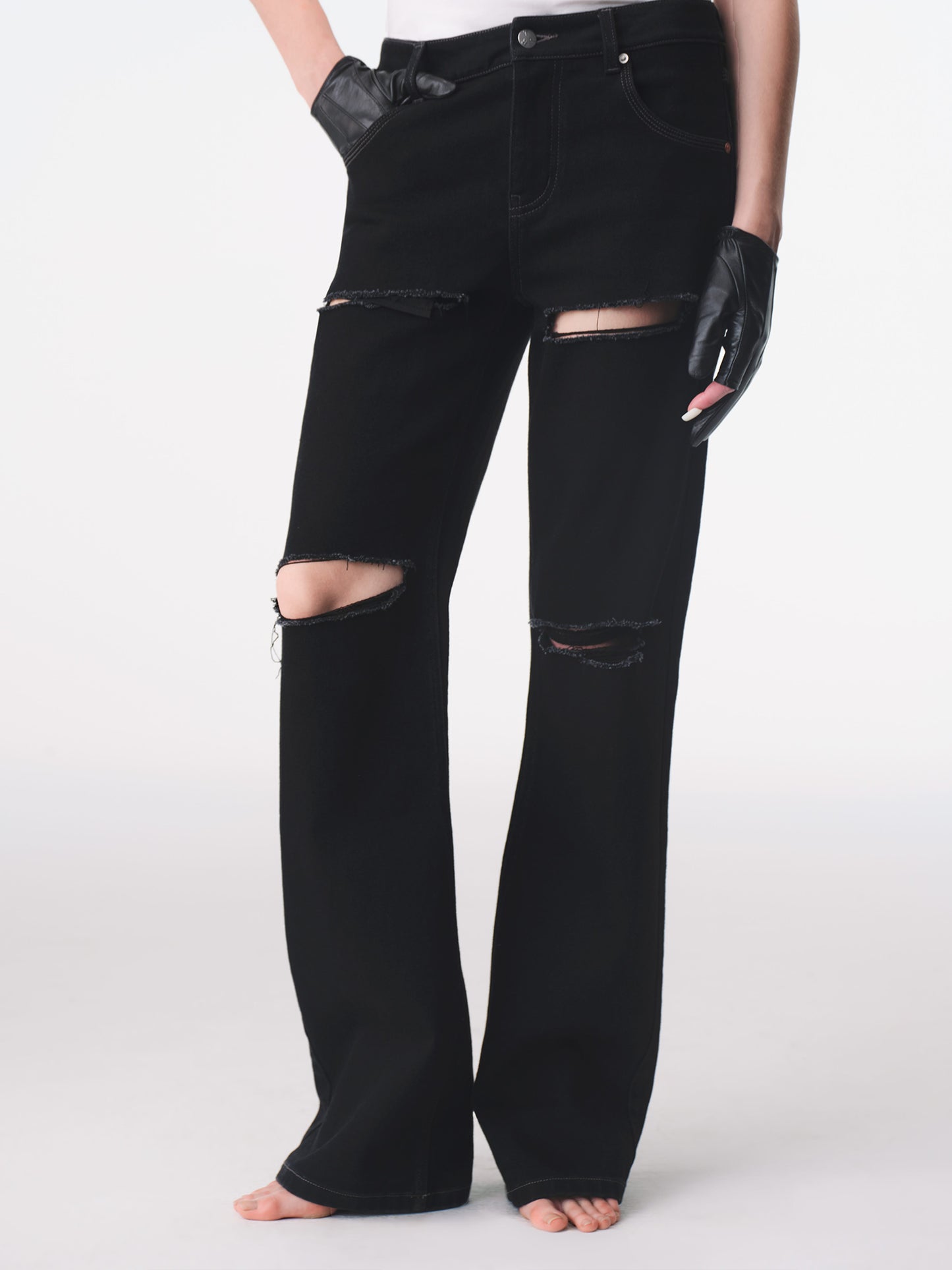TRI-RIB Black Distressed Stretch Jeans-TRINITE Studio-APOC STORE