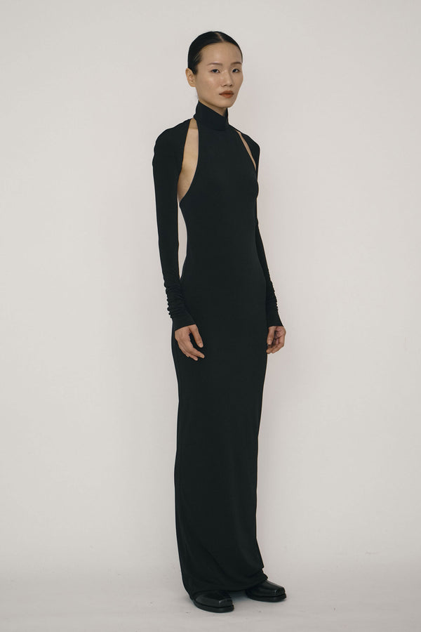 Black Skinny High Halterneck Maxi Dress-arc us arkus-APOC STORE