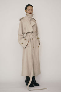 Khaki Faux-Suede Double-breasted Raglan Trench Coat-arc us arkus-APOC STORE