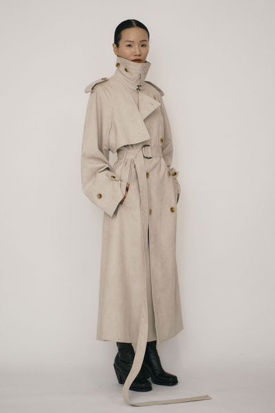 Khaki Faux-Suede Double-breasted Raglan Trench Coat-arc us arkus-APOC STORE