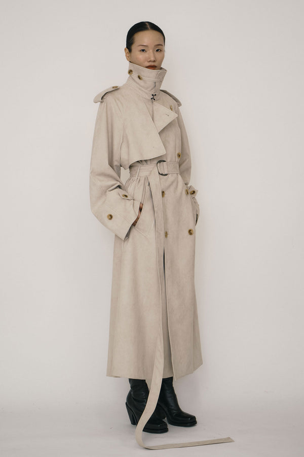 Khaki Faux-Suede Double-breasted Raglan Trench Coat-arc us arkus-APOC STORE