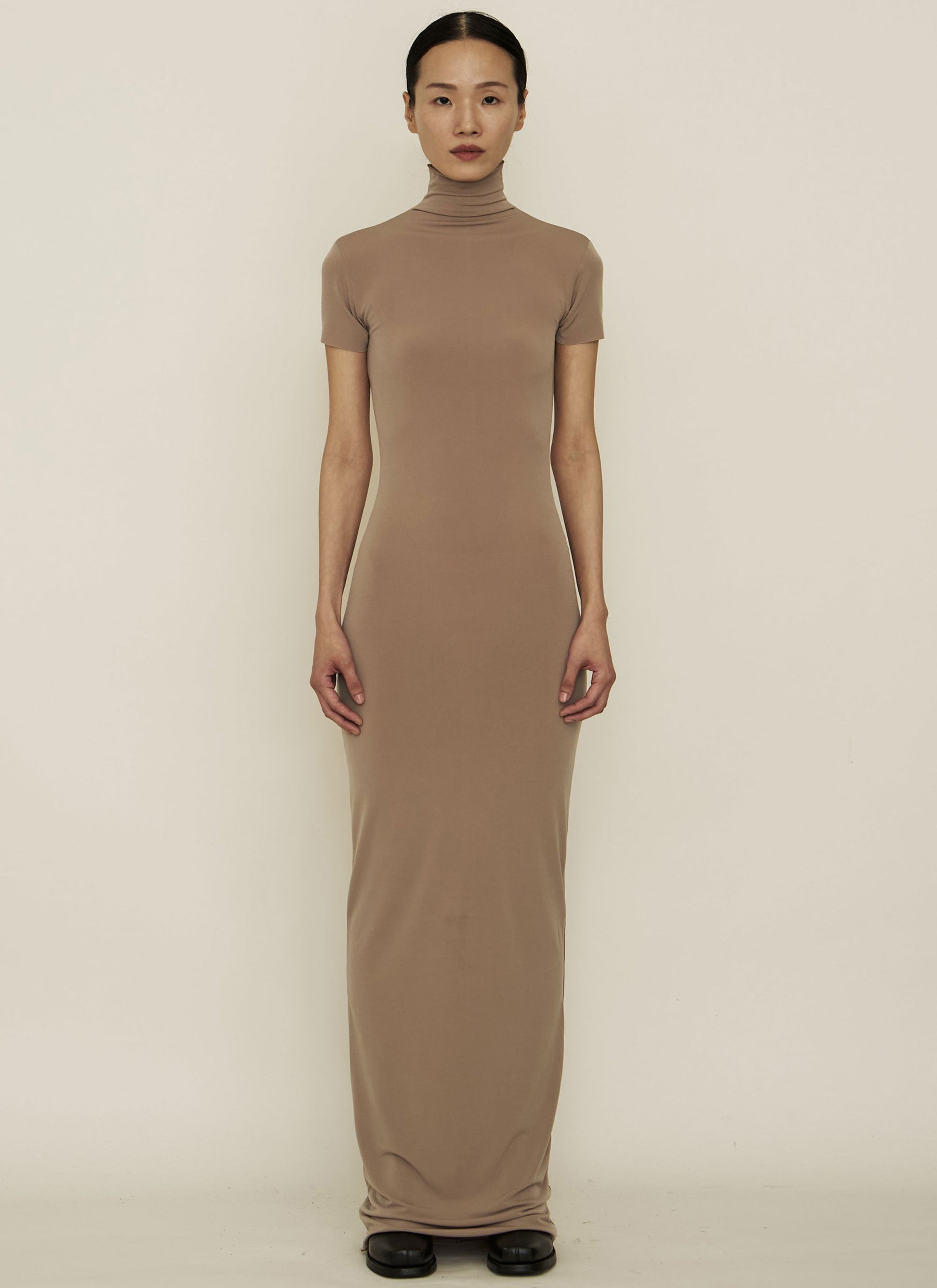 Nude Skinny High Neck Short-Sleeve Maxi Dress-arc us arkus-APOC STORE