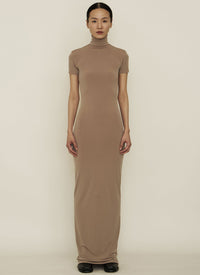 Nude Skinny High Neck Short-Sleeve Maxi Dress-arc us arkus-APOC STORE