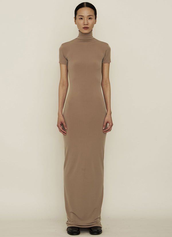Nude Skinny High Neck Short-Sleeve Maxi Dress-arc us arkus-APOC STORE