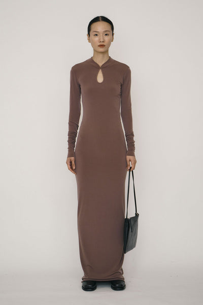 Khaki Skinny Long-Sleeve Mandarin Collar Flared Maxi Dress APOC STORE Khaki Skinny Long-Sleeve Mandarin Collar Flared Maxi Dress APOC STORE