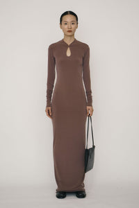 Khaki Skinny Long-Sleeve Mandarin Collar Maxi Dress-arc us arkus-APOC STORE