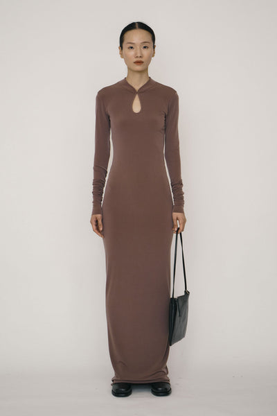 Khaki Skinny Long-Sleeve Mandarin Collar Maxi Dress-arc us arkus-APOC STORE