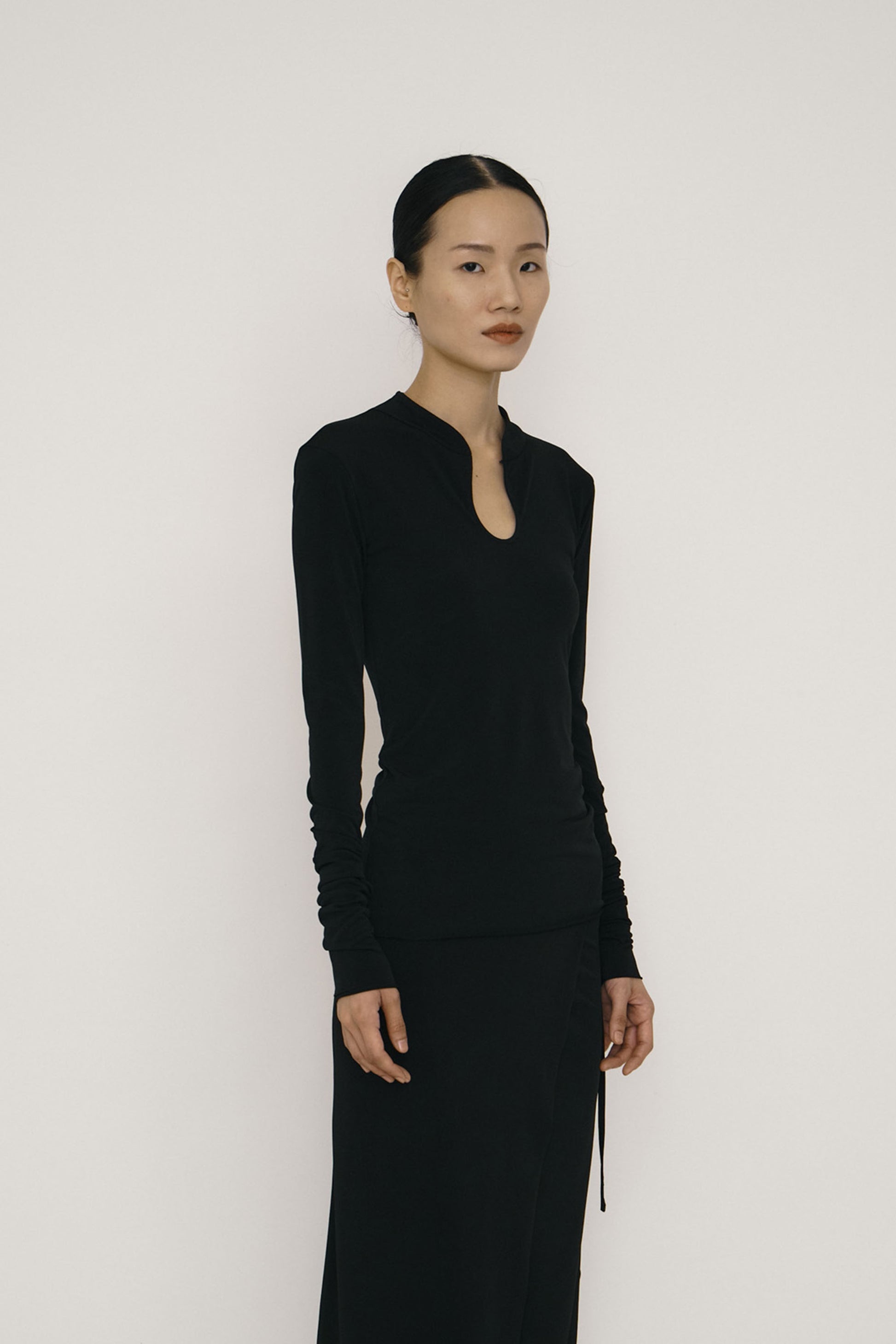 Black Skinny Long-Sleeve Mandarin Collar Top-arc us arkus-APOC STORE