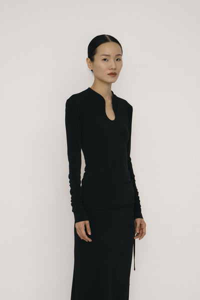 Black Skinny Long-Sleeve Mandarin Collar Top-arc us arkus-APOC STORE