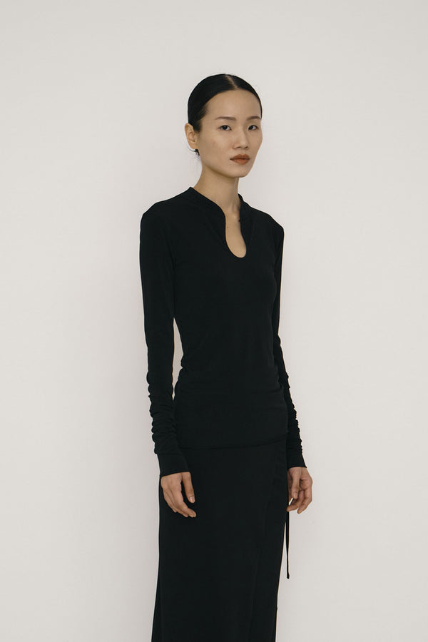 Black Skinny Long-Sleeve Mandarin Collar Top-arc us arkus-APOC STORE