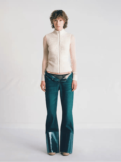 White Embossed Floral Turtleneck Fitted Cashmere Cardigan-TRINITE Studio-APOC STORE