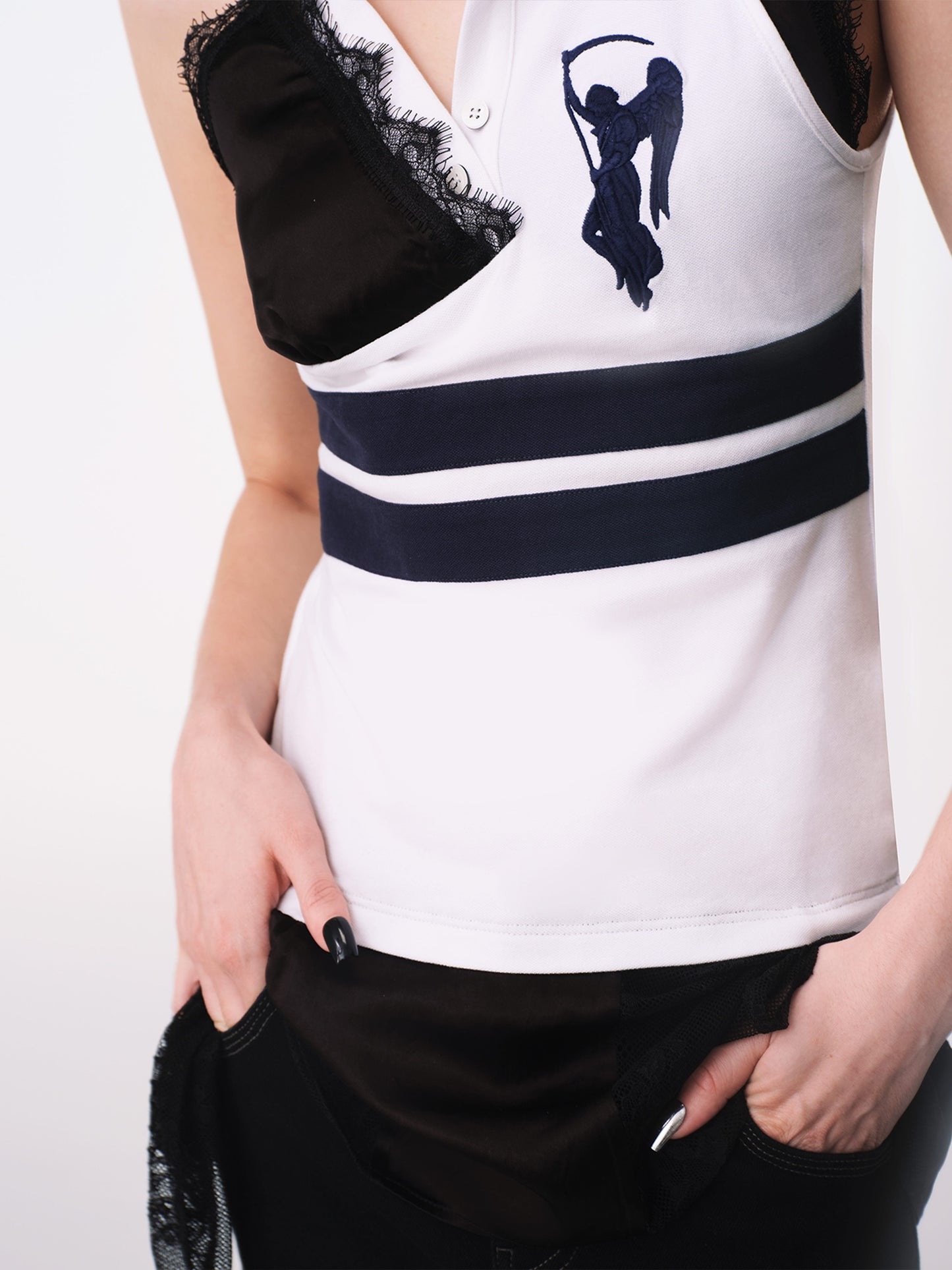 Black and White Strappy Deconstructed Polo Top-TRINITE Studio-APOC STORE