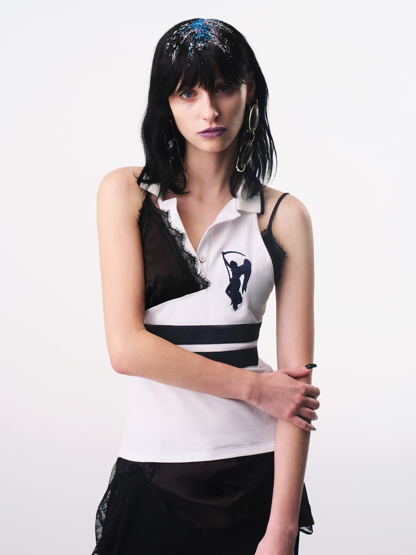 Black and White Strappy Deconstructed Polo Top-TRINITE Studio-APOC STORE