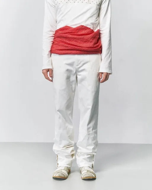 Glitched Hem Straight Cotton Pants 001 _ White-Taekh-APOC STORE