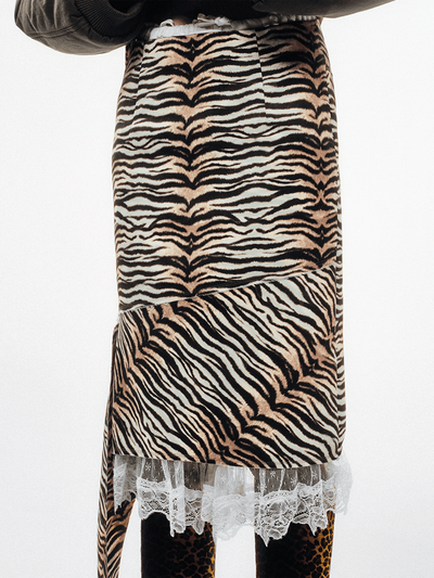 Raw-finish Tiger-print Satin Skirt with Lace Underlayer Pants-TRINITE Studio-APOC STORE