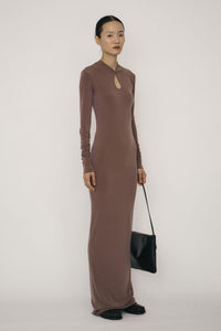 Khaki Skinny Long-Sleeve Mandarin Collar Maxi Dress-arc us arkus-APOC STORE