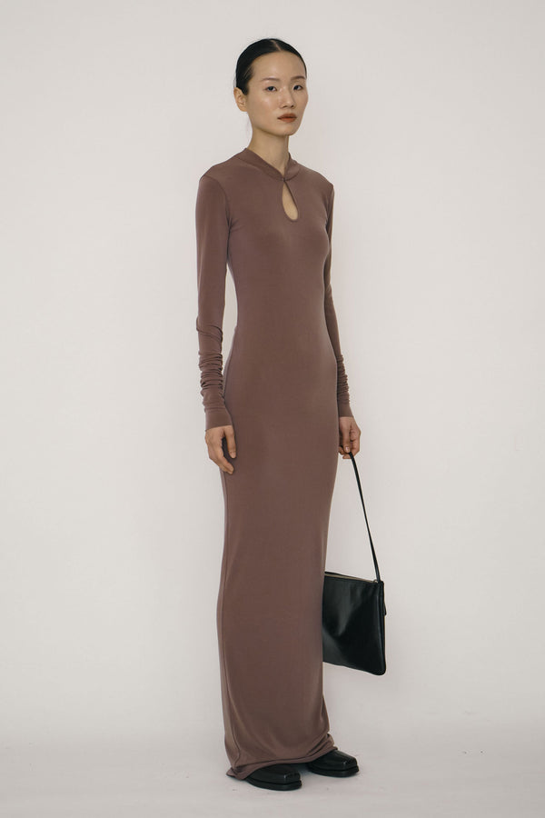 Khaki Skinny Long-Sleeve Mandarin Collar Maxi Dress-arc us arkus-APOC STORE