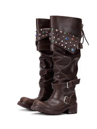 Beaded Cuff Western Boots-brown-EMPTY BEHAVIOR-APOC STORE