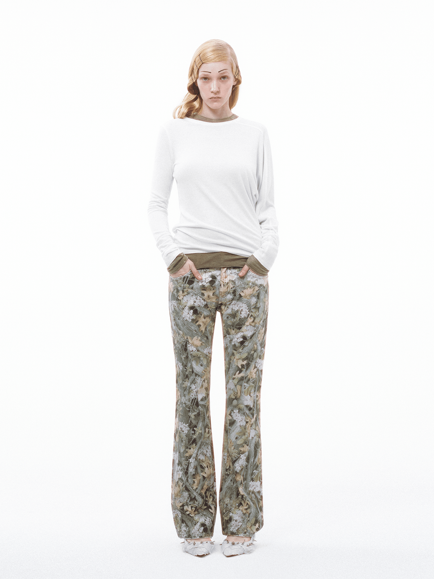 Jungle Camo Streamline Panel Flared Jeans-TRINITE Studio-APOC STORE