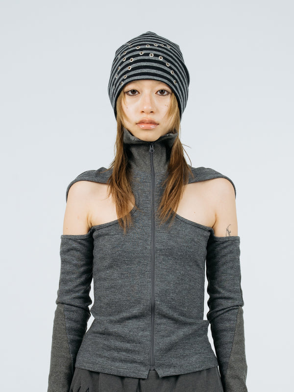 Eyelet stripe beanie black charcoal-Nibgnus-APOC STORE