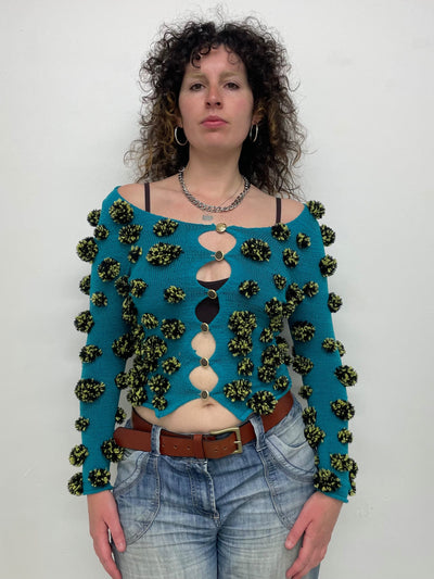Turquoise pompom cardigan-Scar Kennedy-APOC STORE