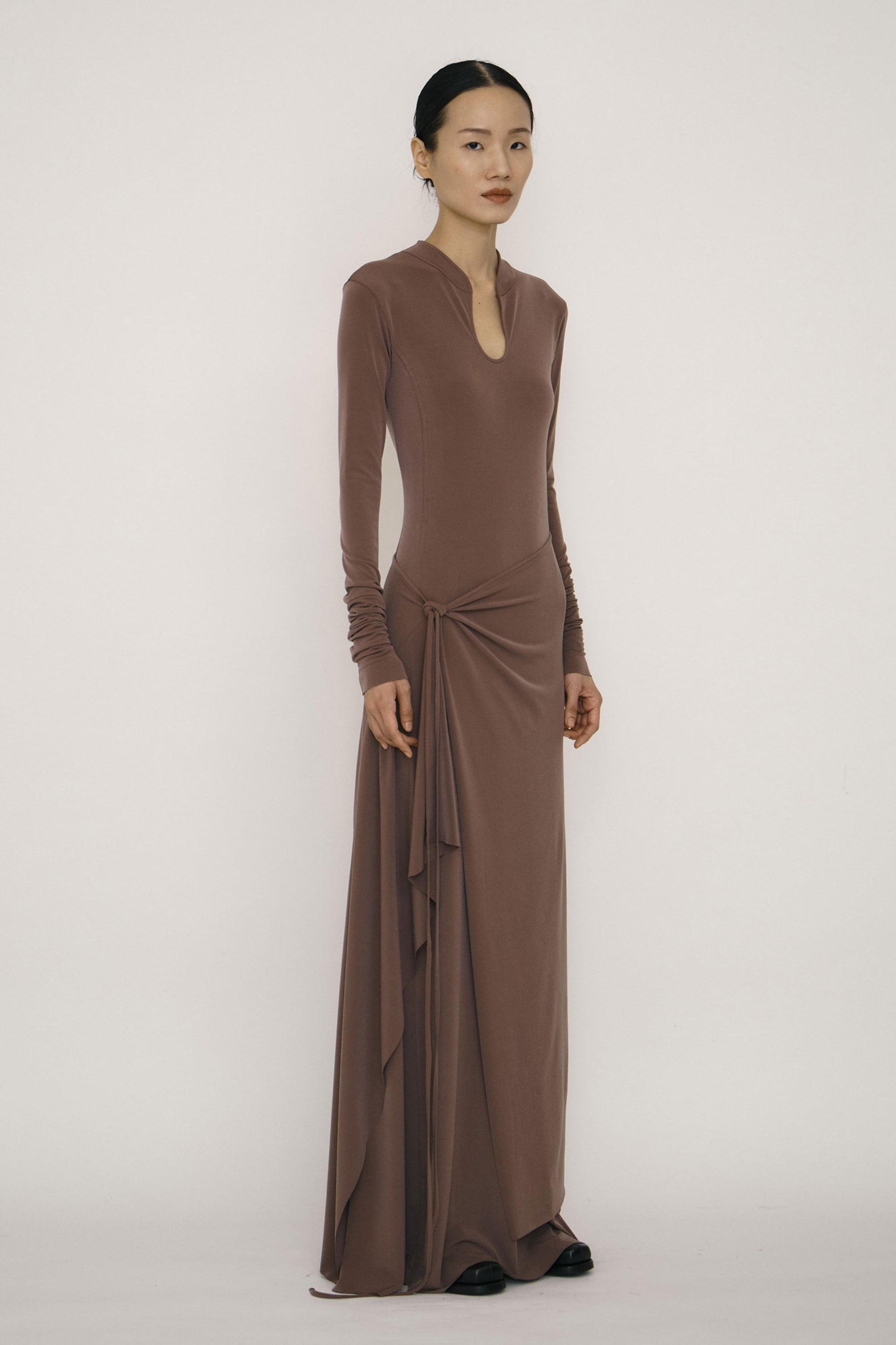 Khaki Skinny Long-Sleeve Mandarin Collar Flared Maxi Dress-arc us arkus-APOC STORE