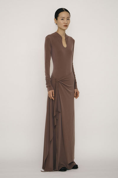 Khaki Skinny Long-Sleeve Mandarin Collar Flared Maxi Dress-arc us arkus-APOC STORE