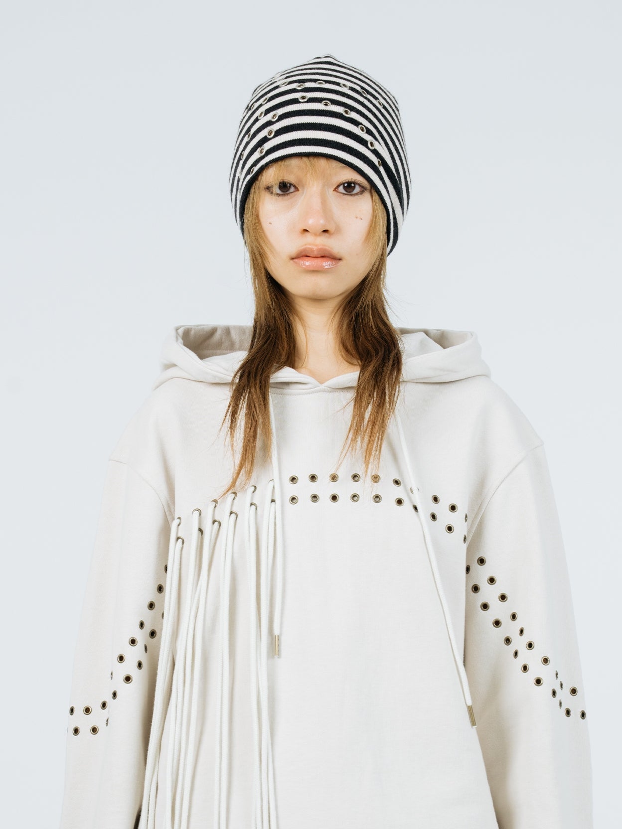 Eyelet stripe beanie black ivory-Nibgnus-APOC STORE